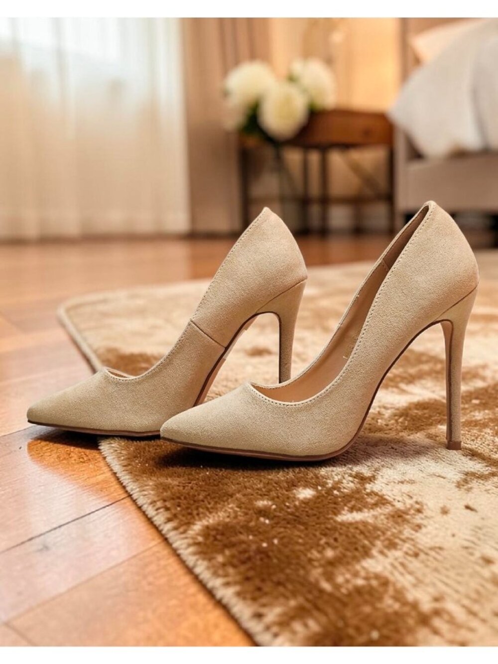 Nude Faux Suede Pointed Toe Stiletto High Heels Womens Elegant Formal Pumps - Picture 12 of 13